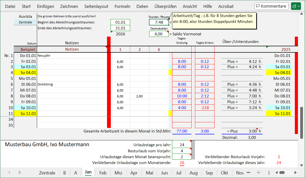 Kostenlos laden - jhrliches Arbeitszeitkonto, eine Excel-Anwendung
