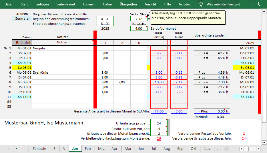 Kostenlos laden - jhrliches Arbeitszeitkonto, eine Excel-Anwendung